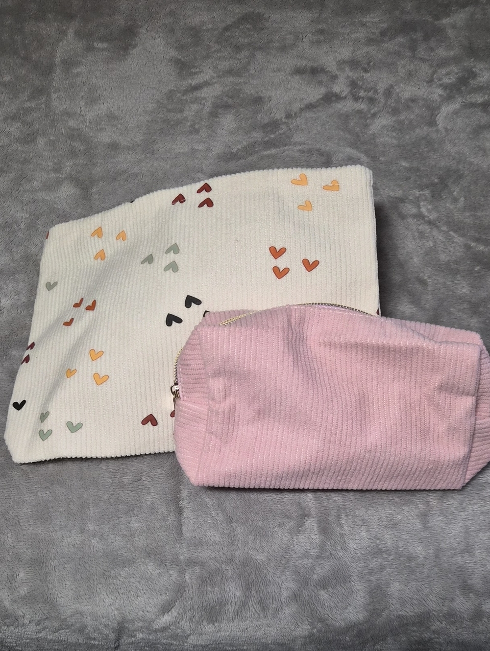 Pink Corduroy Zip Pouch And White Heart Make Up Pouch